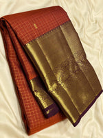 Load image into Gallery viewer, Classic Burnt Orange 2gm Zari Vaira Oosi Checks Kanchipuram Handloom Silk Saree SS25895
