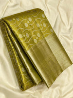 Load image into Gallery viewer, Classic Pastel Olive Green 2gm Zari Bridal Designer Brocade Elegance Kanchipuram Tissue Handloom Silk Saree SS24201
