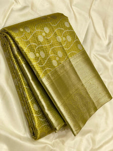 Classic Pastel Olive Green 2gm Zari Bridal Designer Brocade Elegance Kanchipuram Tissue Handloom Silk Saree SS24201