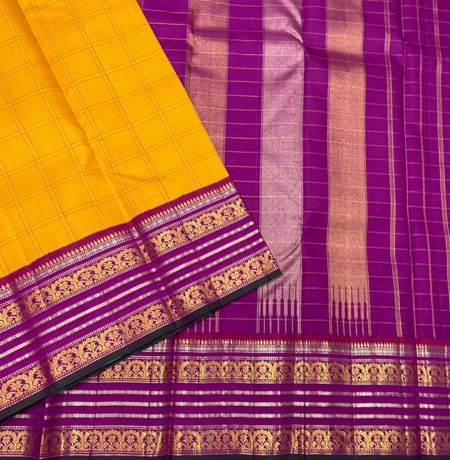 Classic Golden Yellow & Berry Plum 2gm Zari Elegance Kanchipuram Handloom Silk Saree SS24714