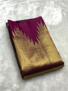 Classic Gold & Wine Red Temple 2gm Zari Kanchipuram Handloom Silk Saree SS25980