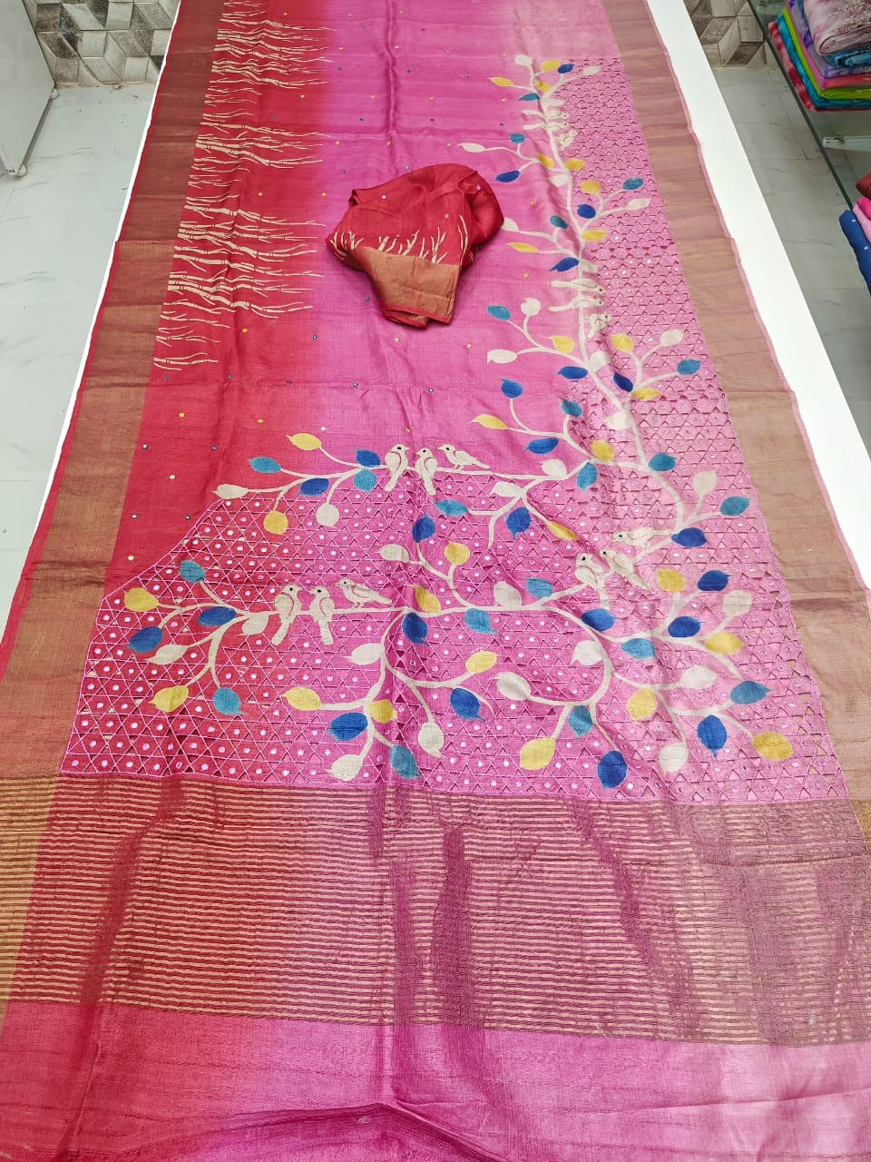 Brick Rose Pink Gaachi Handloom Tussar Silk Saree SS20539