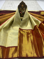 Load image into Gallery viewer, Classic Pearl Beige &amp; Burnt Brown 2gm Zari Bridal Elegance Kanchipuram Handloom Silk Saree SS25832

