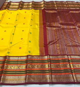 Classic Sunny Yellow & Barn Red 2gm Zari Kanchipuram Handloom Silk Saree SS26215