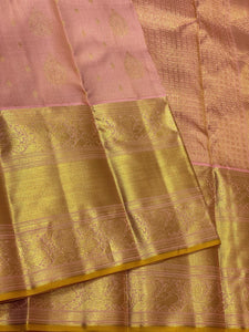 Classic Dusky Pink & Mustard Yellow Brocade 2gm Zari Bridal Elegance Kanchipuram Handloom Silk Saree SS24379