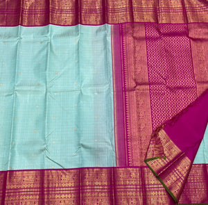 Classic Ice Blue & Deep Pink 2gm Zari Silver & Butta Korvai Elegance Kanchipuram Silk Saree SS24018