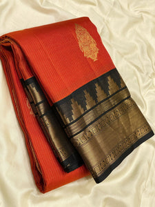 Classic Brick Orange & Charcoal Black 2gm Zari Elegance Kanchipuram Handloom Silk Saree SS24604