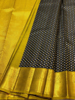 Load image into Gallery viewer, Rave Black &amp; Mustard 2gm Zari Elegance Kanchipuram Handloom Silk Saree SS20519
