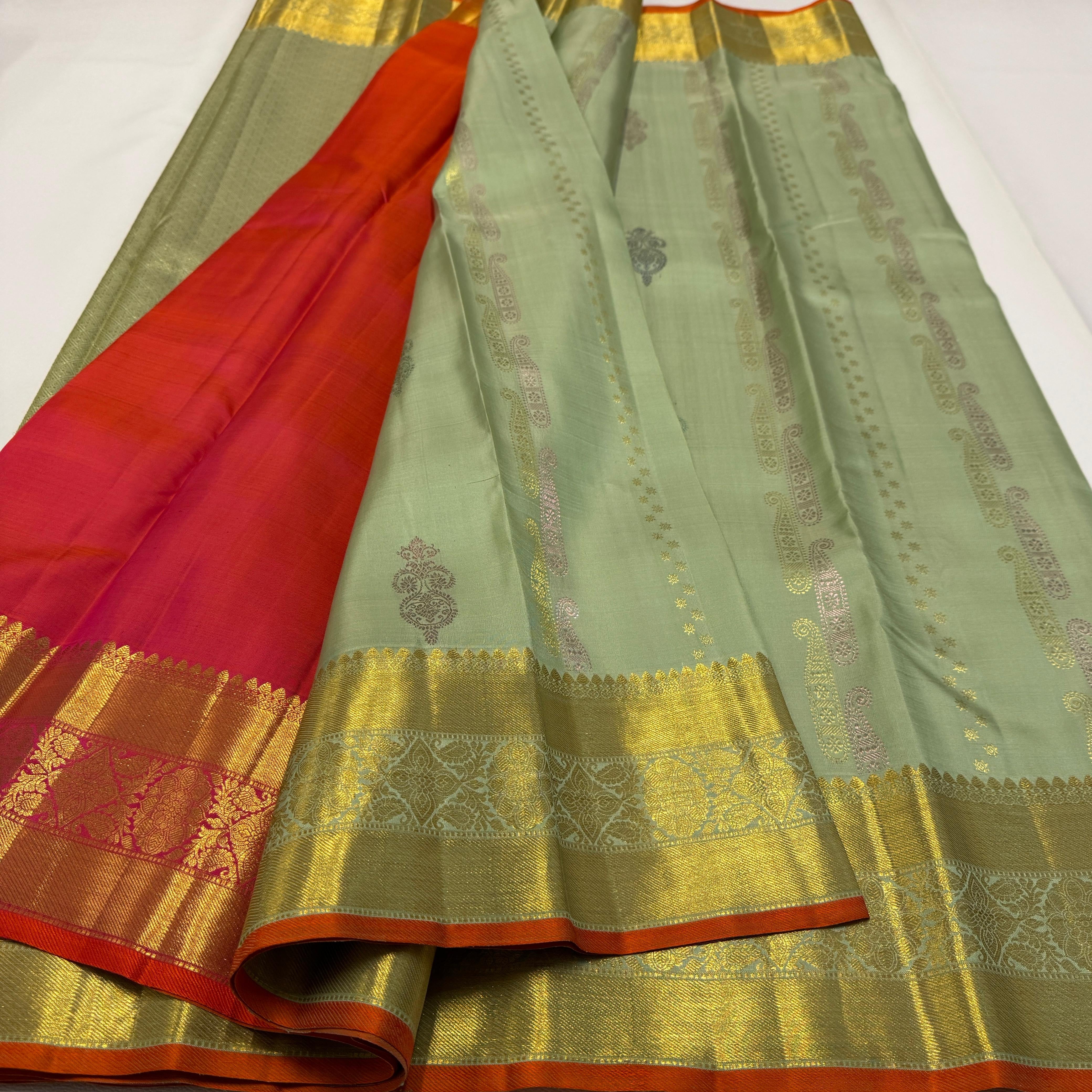 Classic Pista Green & Chilly Red 2gm Zari Elegance Kanchipuram Silk Saree SS23890