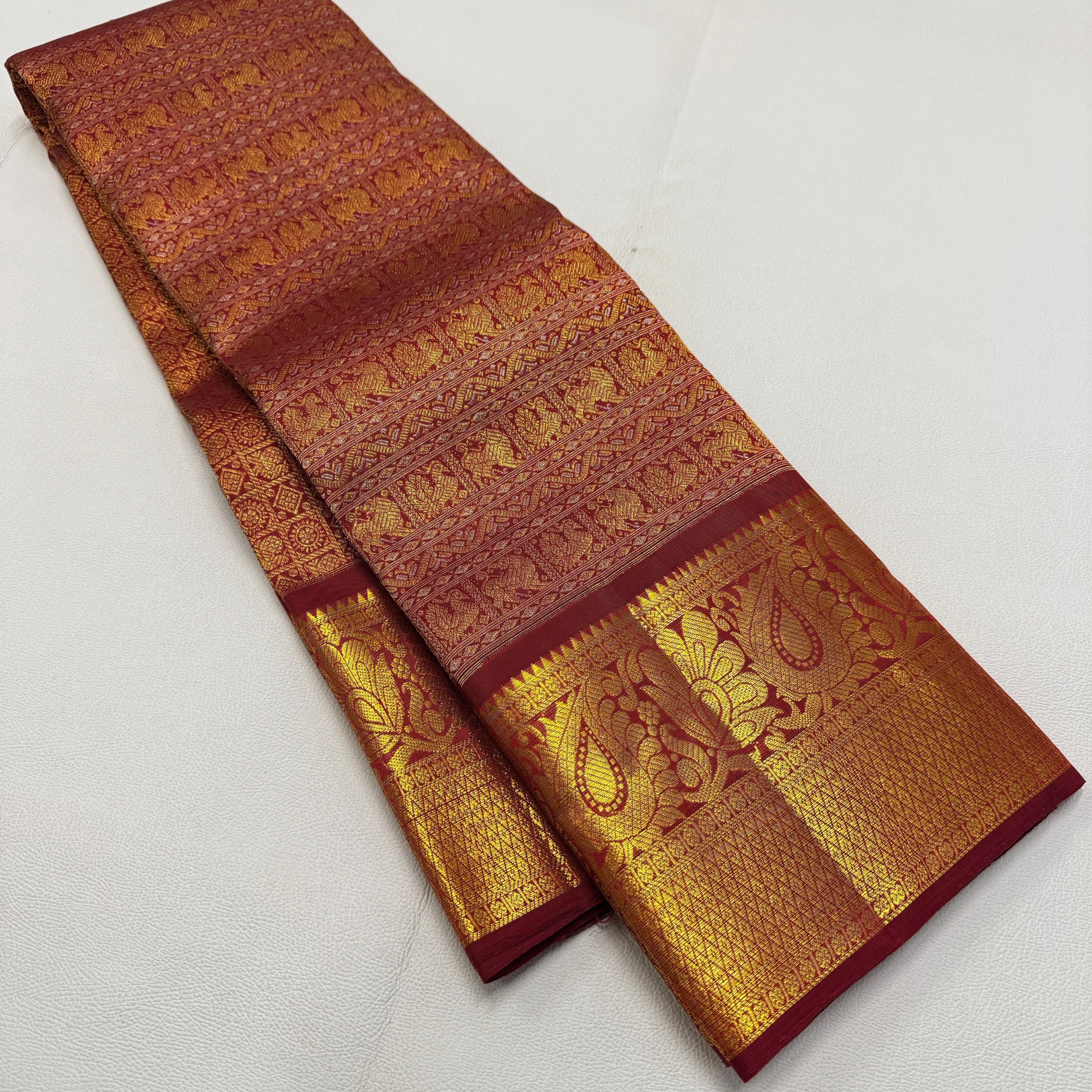 Classic Brick Maroon 2gm Zari Bridal Elegance Kanchipuram Handloom Silk Saree SS26265