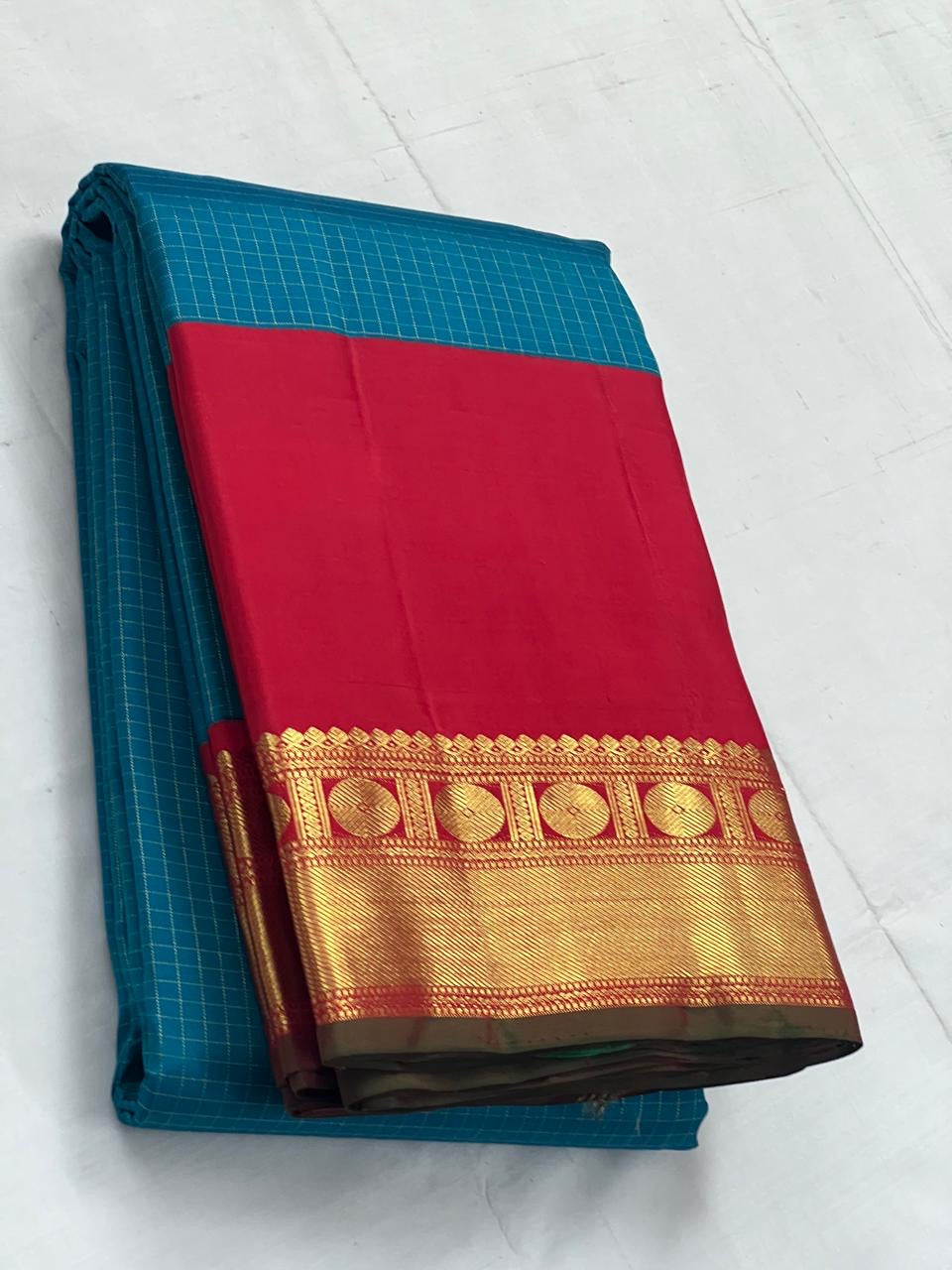 Classic Teal Blue & Chilli Red 2gm Zari Kanchipuram Handloom Silk Saree SS25726