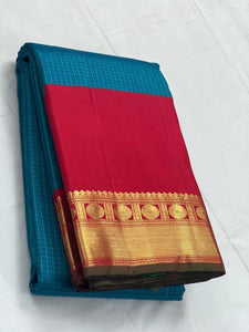 Classic Teal Blue & Chilli Red 2gm Zari Kanchipuram Handloom Silk Saree SS25726
