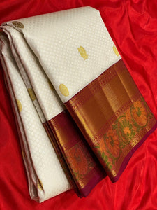 Classic White & Barn Red 2gm Zari Meena Border Kanchipuram Handloom Silk Saree SS25593