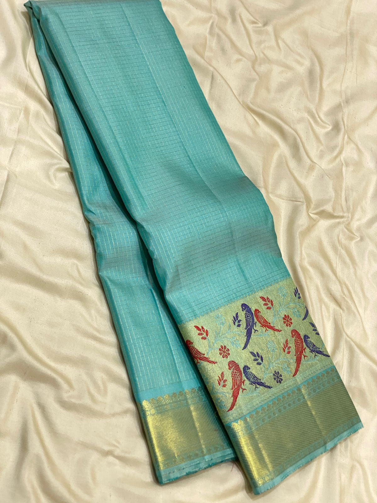 Classic Aqua 2gm Zari Paithani Vaira Oosi Checks Kanchipuram Handloom Silk Saree SS26507