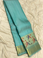 Load image into Gallery viewer, Classic Aqua 2gm Zari Paithani Vaira Oosi Checks Kanchipuram Handloom Silk Saree SS26507
