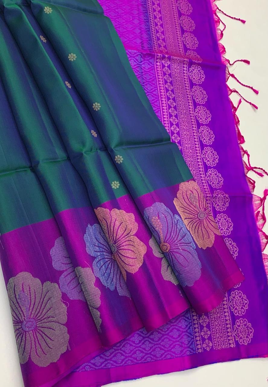 Classic Peacock Green & Purple Elegance Handloom Soft Silk Saree SS24561