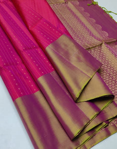 Deep Cerise Pink & Melon Yellow Handloom Soft Silk Saree SS23056