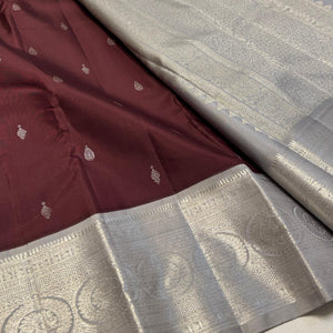 Classic Dark Chocolate & Grey 2gm Zari Elegance Kanchipuram Handloom Silk Saree SS24465