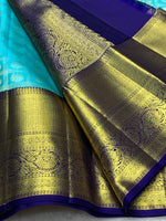 Load image into Gallery viewer, Classic Aqua Blue &amp; Navy Blue 2gm Zari Bridal Elegance Kanchipuram Handloom Silk Saree SS27508
