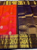 Load image into Gallery viewer, Classic Dual Red &amp; Pink Navy Blue 2gm Zari Peacock &amp; Rudraksha Designed Elegance Kanchipuram Handloom Silk Saree SS25384
