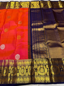 Classic Dual Red & Pink Navy Blue 2gm Zari Peacock & Rudraksha Designed Elegance Kanchipuram Handloom Silk Saree SS25384