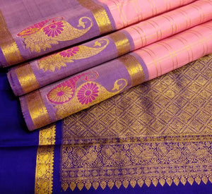 Classic Baby Pink & Royal Blue Elegance Kanchipuram Handloom Silk Saree SS25495