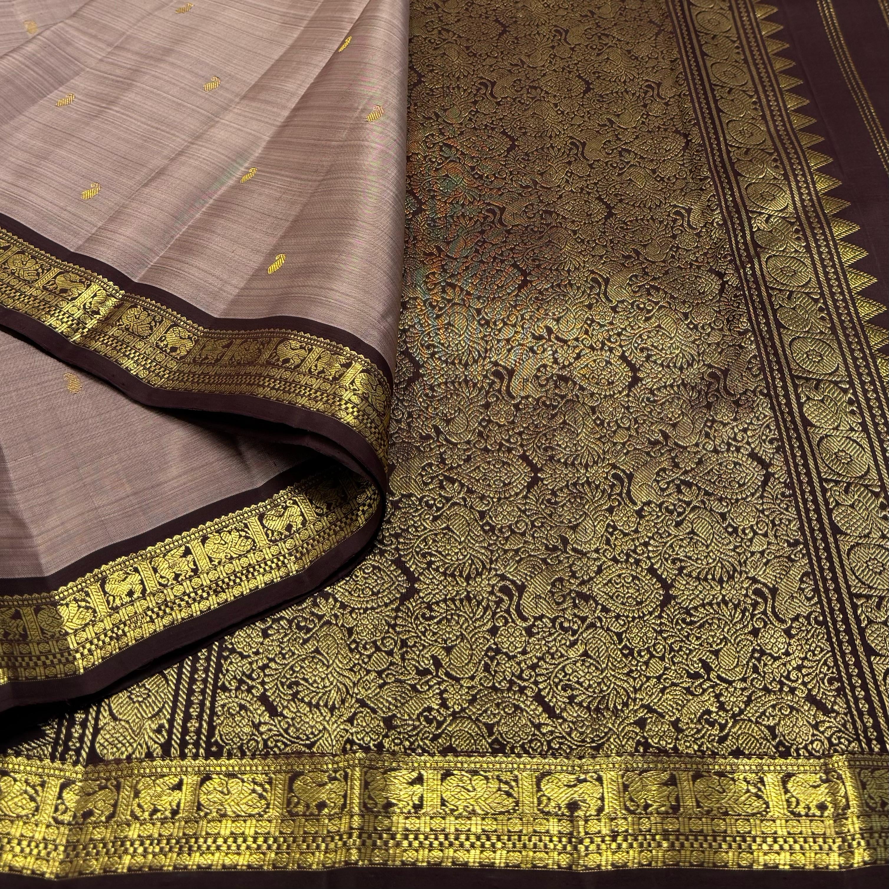 Classic Cocoa & Chocolate Brown 1gm Zari Elegance Kanchipuram Handloom Silk Saree SS24548