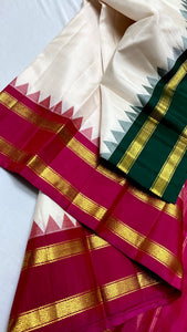 Classic Cream & Pink Green Kanchipuram Handloom Silk Saree SS26264