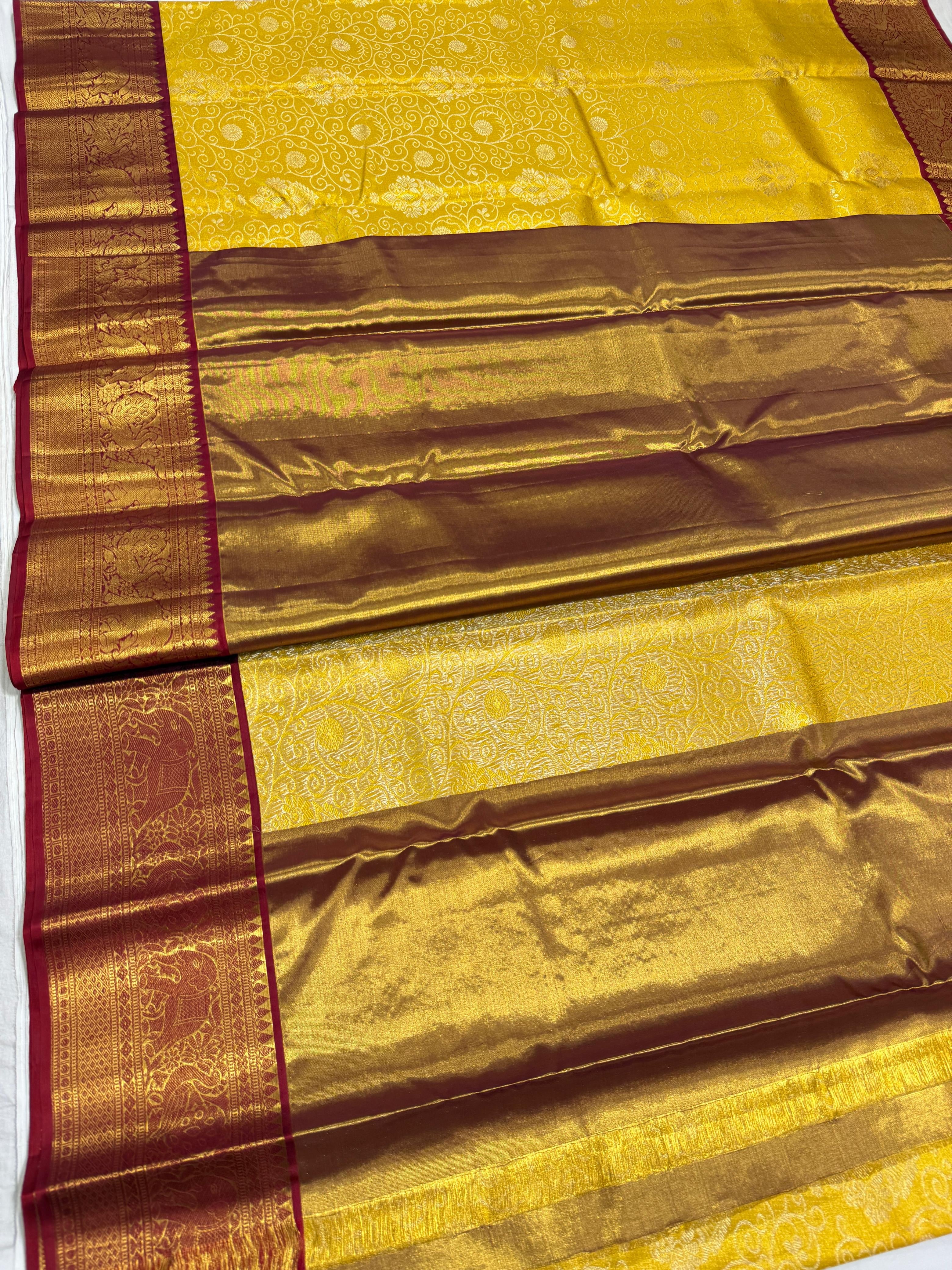 Classic Gold & Barn Red Brocade Tissue Bridal Elegance Kanchipuram Handloom Silk Saree SS26570