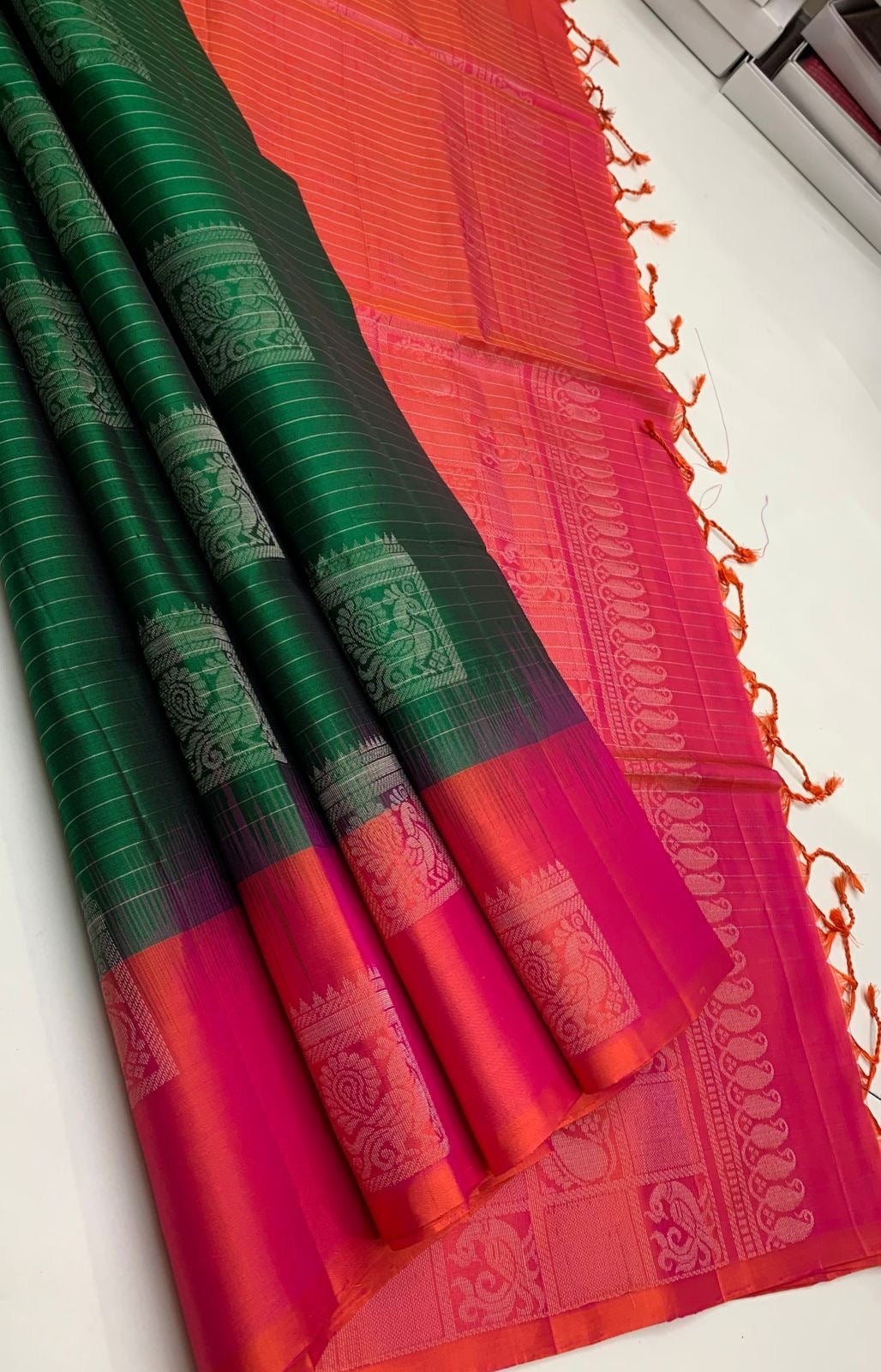 Forest Green & Pinkish Orange Handloom Soft Silk Saree SS22494