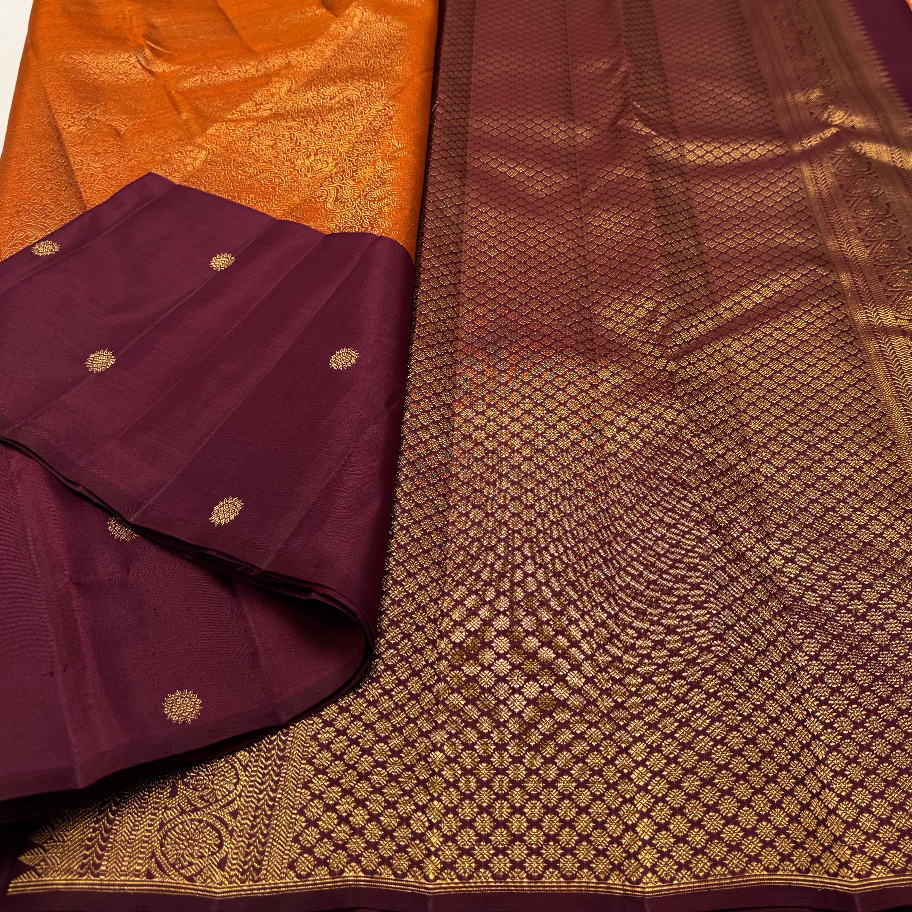 Classic Orange & Maroon 2gm Zari Elegance Kanchipuram Handloom Silk Saree SS24221