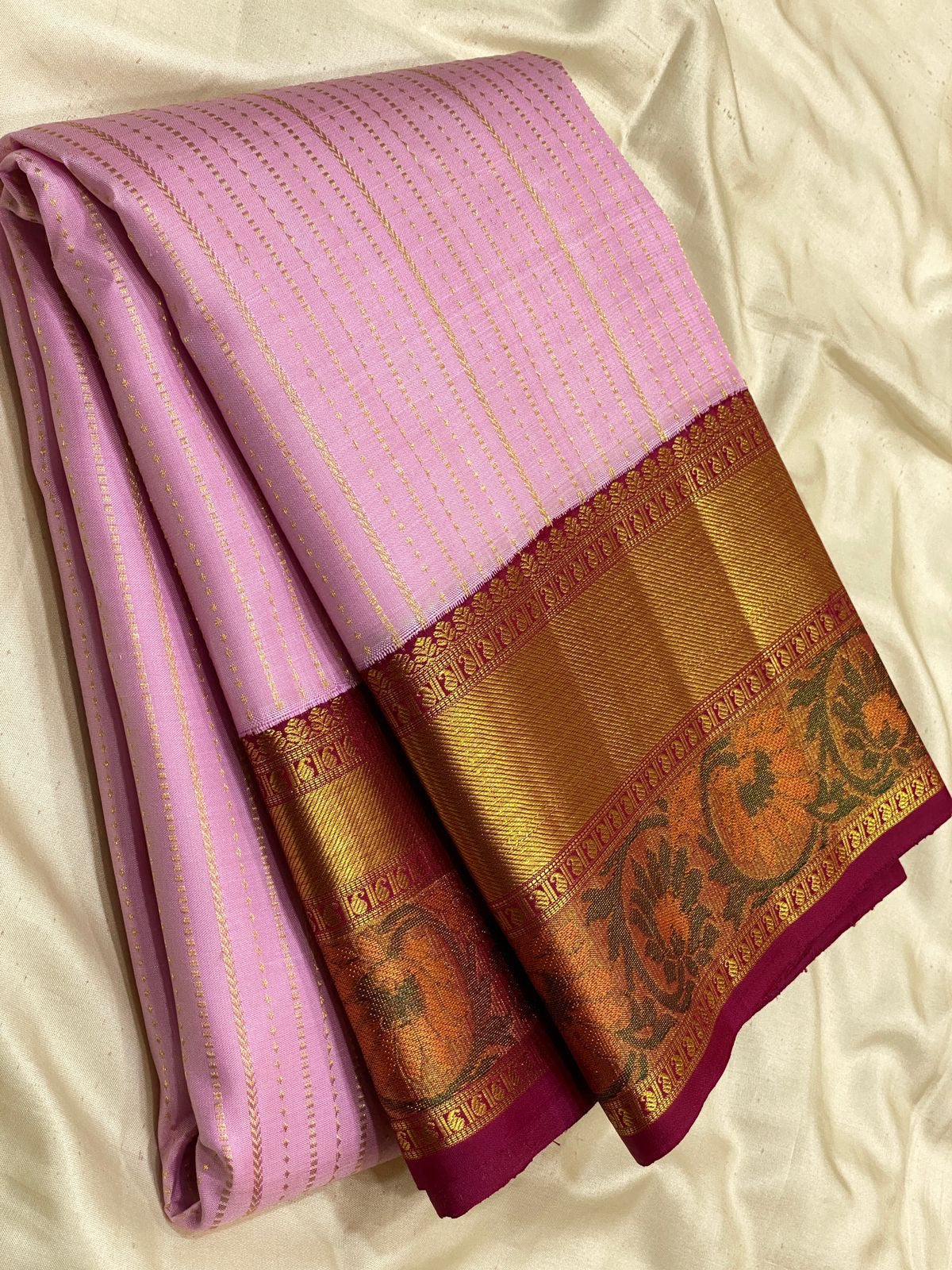 Classic Baby Pink & Barn Red 2gm Zari Elegance Kanchipuram Handloom Silk Saree SS25314