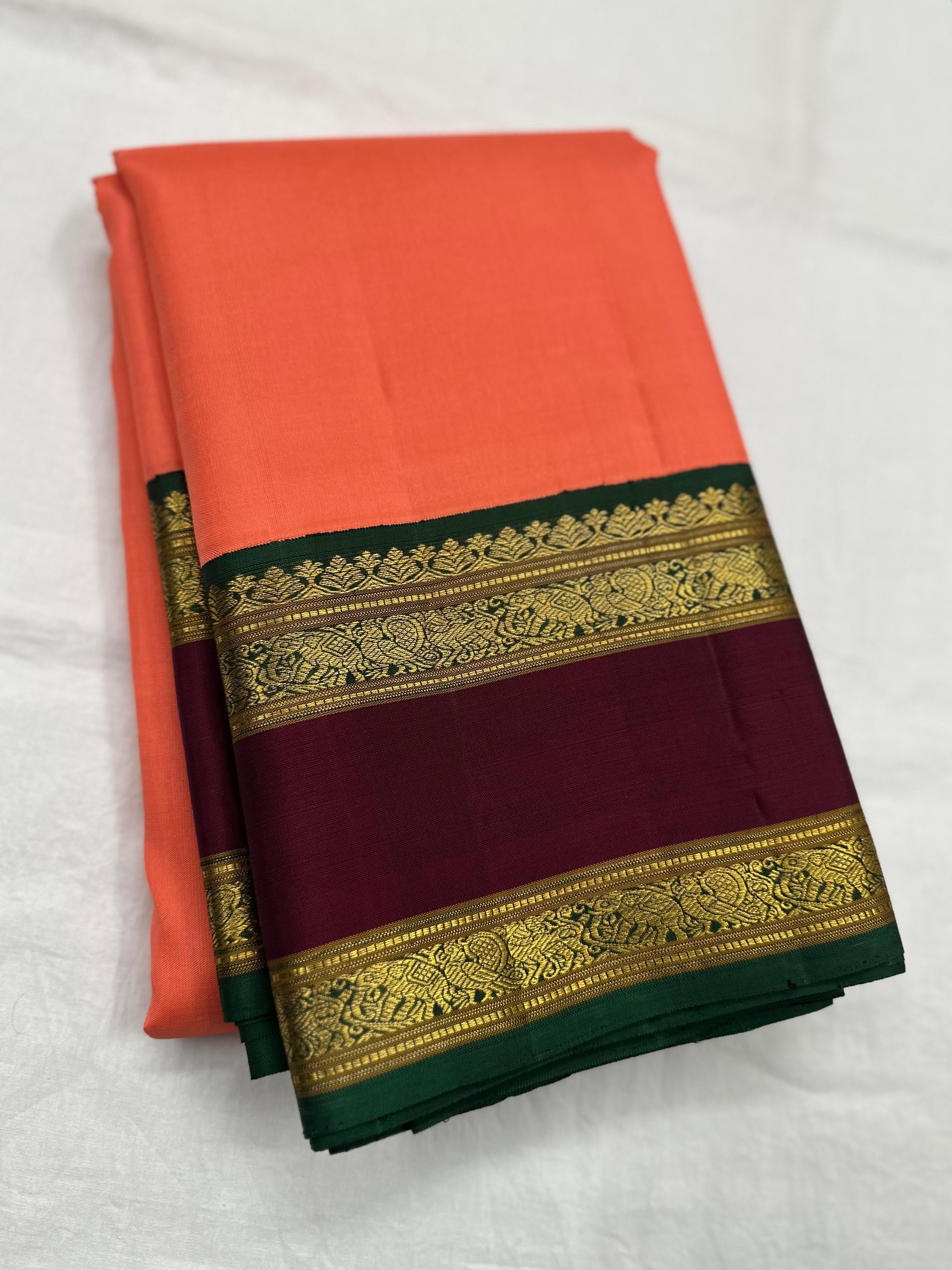 Classic Brick Peach & Sangria Red 2gm Zari Elegance Kanchipuram Handloom Silk Saree SS23553