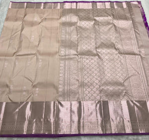 Classic Pearl Beige & Purple 2gm Zari Bridal Elegance Kanchipuram Handloom Silk Saree SS25430