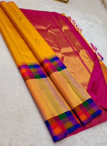Classic Golden Yellow & Deep Pink 2gm Zari Kanchipuram Handloom Silk Saree SS26367