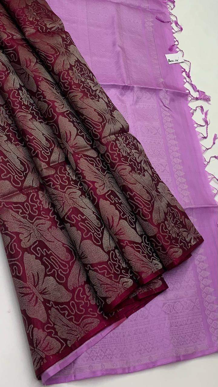 Classic Berry Wine & Lilac Elegance Handloom Soft Silk Saree SS24303