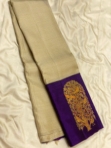 Classic Butter Cream & Violet Meena Butta Kanchipuram Handloom Silk Saree SS26324