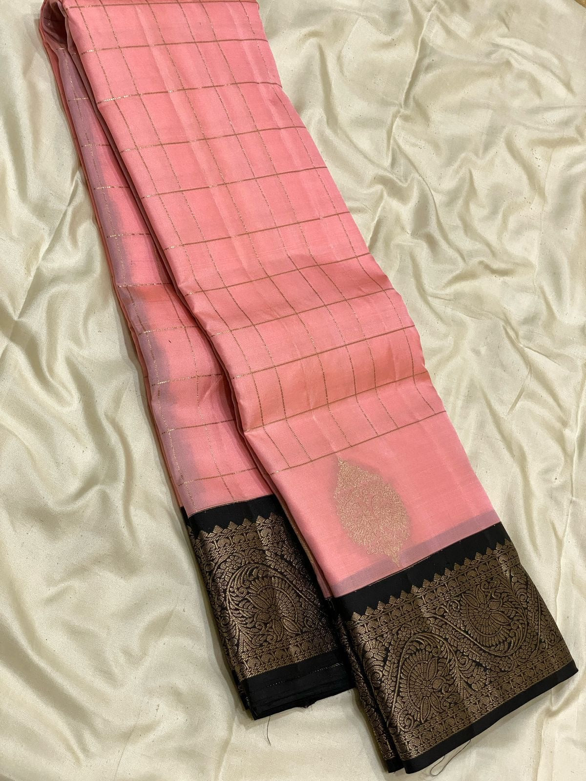 Classic Baby Pink & Charcoal Black 2gm Zari Vaira Oosi Checks Elegance Kanchipuram Handloom Silk Saree SS24608