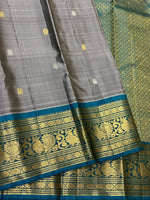 Load image into Gallery viewer, Classic Silver Grey &amp; Teal Blue 2gm Zari Elegance Kanchipuram Handloom Silk Saree SS24699
