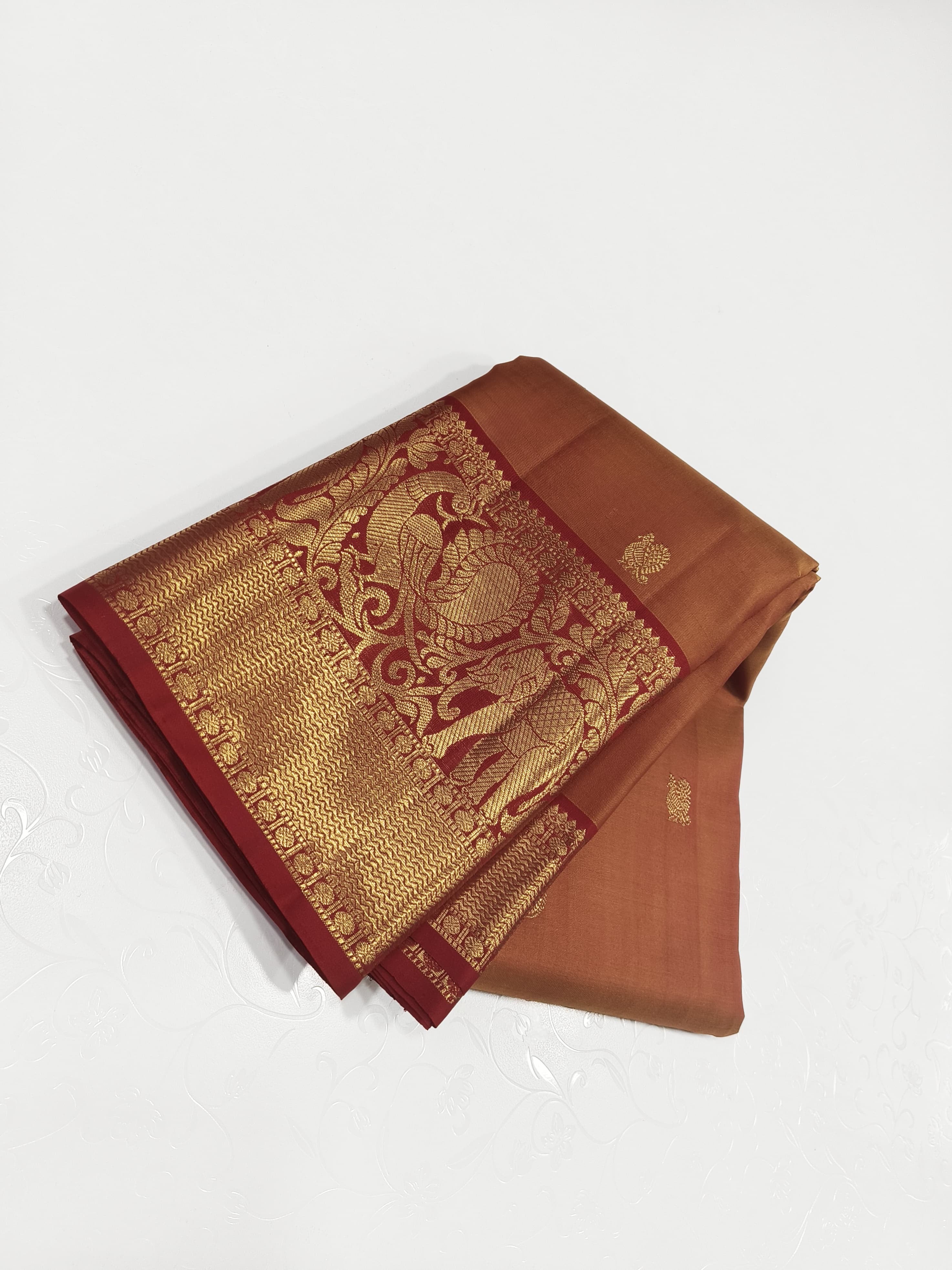 Classic Sunset Orange & Brick Red 2gm Zari Kanchipuram Handloom Silk Saree SS25963