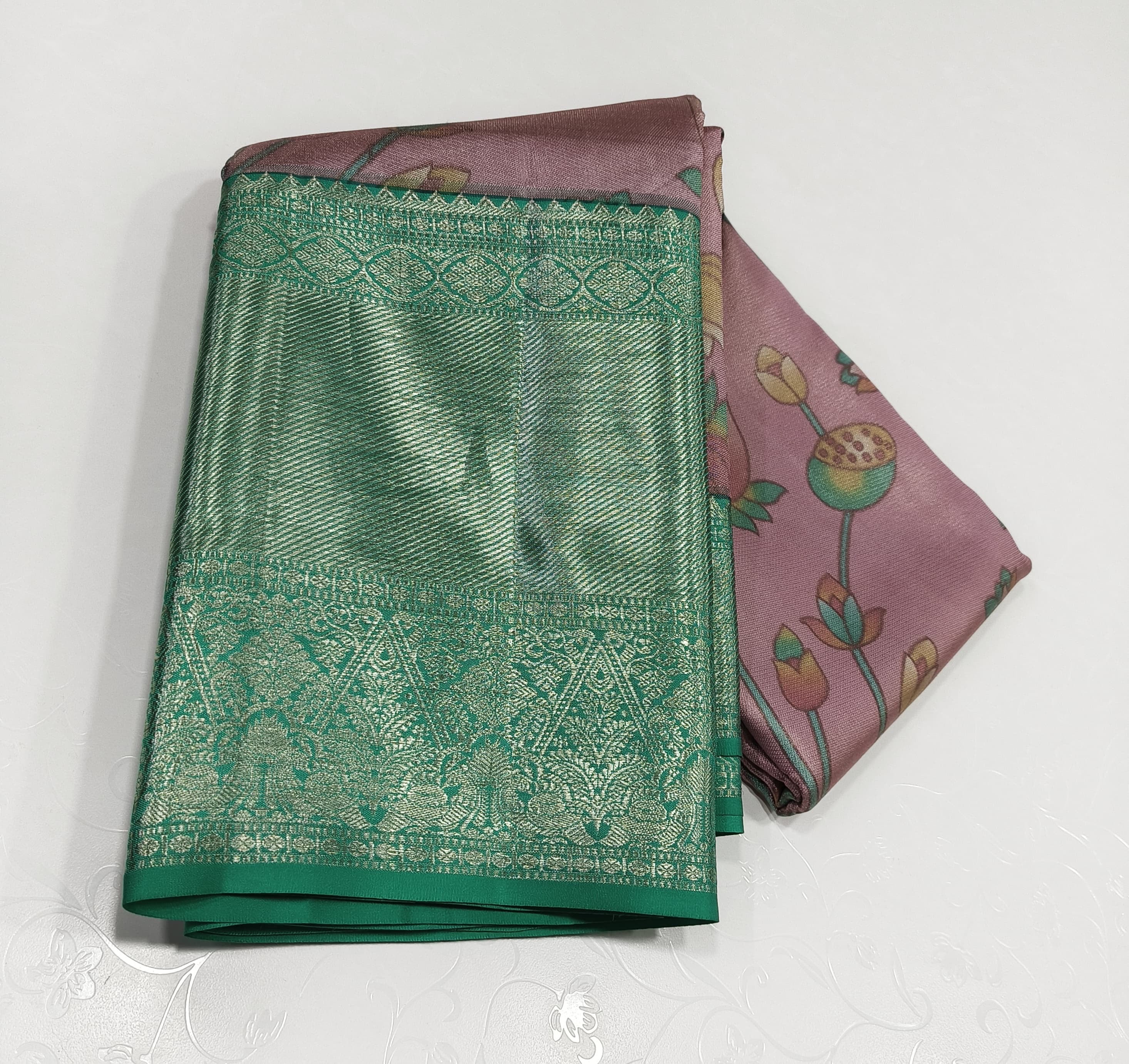 Classic Pastel Mauve & Sea Green 2gm Zari Digital Print Bridal Elegance Kanchipuram Handloom Silk Saree SS25301
