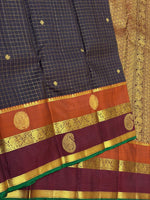 Load image into Gallery viewer, Classic Charcoal Black &amp; Garnet Red Oosi Checks 2gm Zari Elegance Kanchipuram Handloom Silk Saree SS27203
