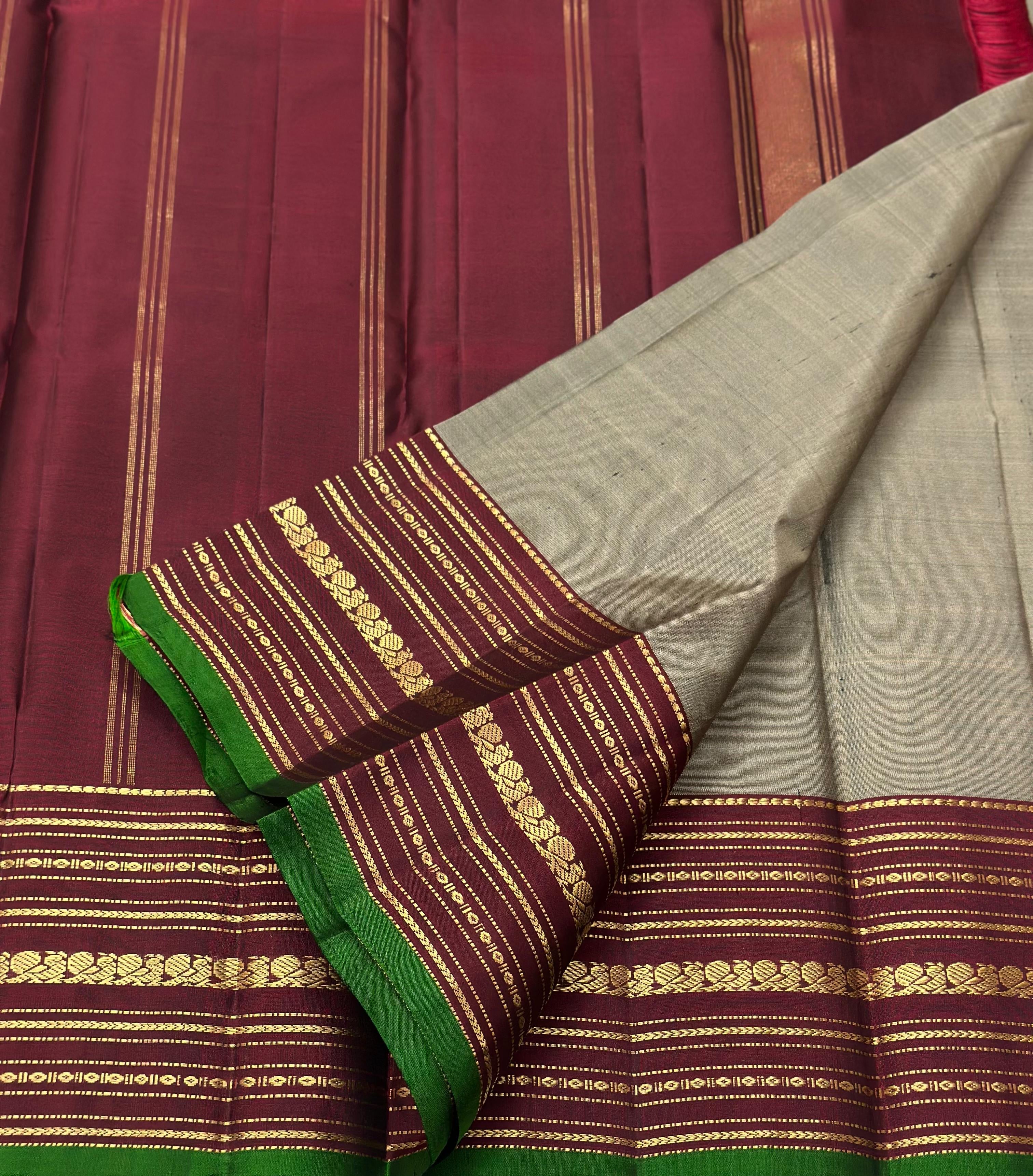 Classic Champagne & Barn Red 1gm Zari Elegance Kanchipuram Handloom Silk Saree SS24138