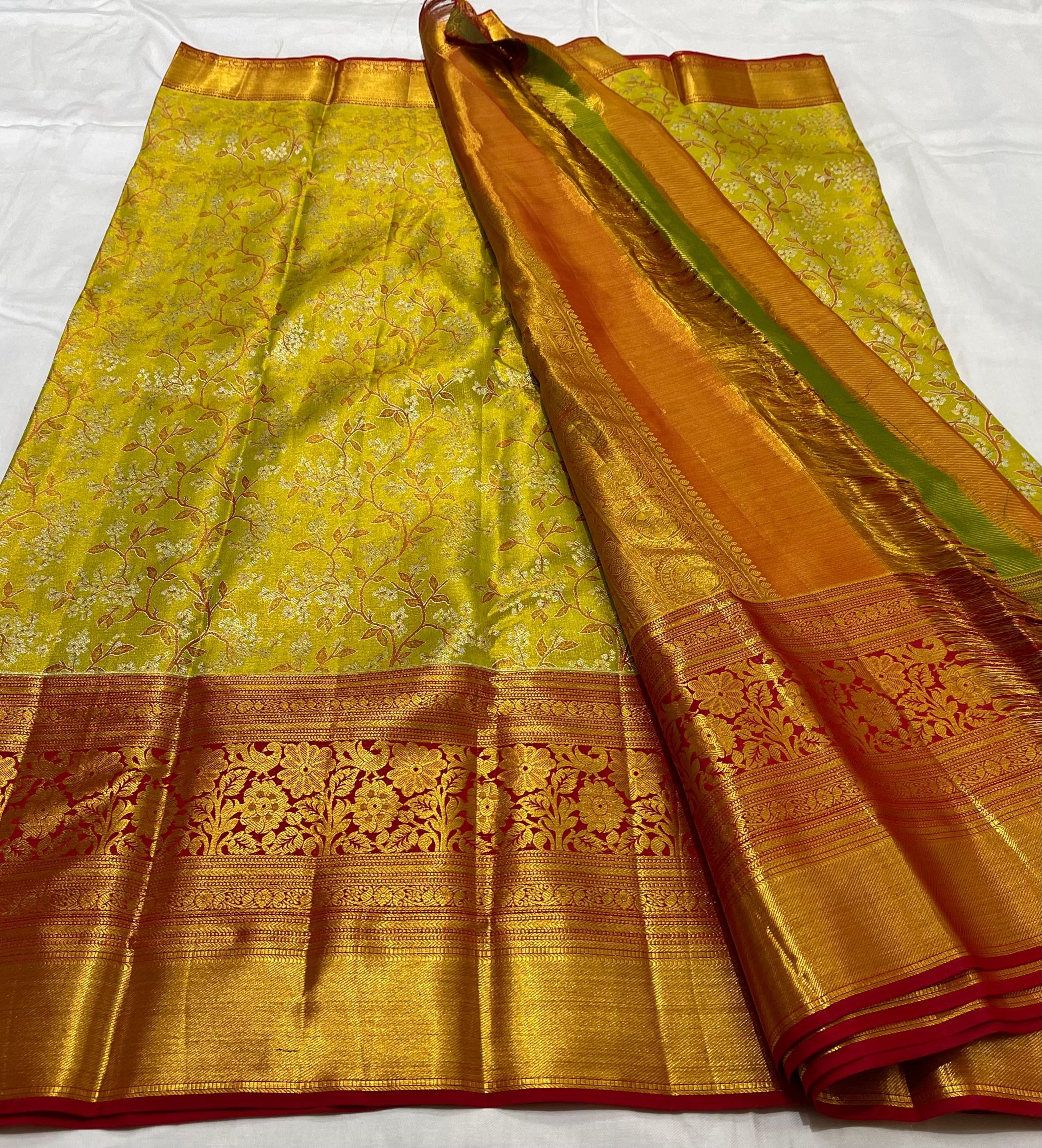 Shimmer Gold Green & Wine Red 2gm Zari Brocade Bridal Elegance Kanchipuram Handloom Silk Saree SS23637