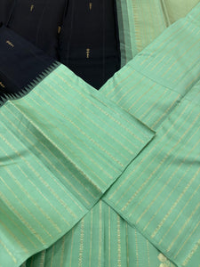 Classic Charcoal Black & Pastel Sea Green 2gm Zari Elegance Kanchipuram Handloom Silk Saree SS24763