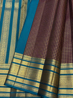 Load image into Gallery viewer, Classic Plum &amp; Teal Blue Beldari Vintage Oosi Checks 2gm Zari Elegance Kanchipuram Handloom Silk Saree SS27205
