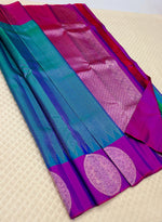 Load image into Gallery viewer, Classic Peacock Blue &amp; Wine Purple 2gm Zari Kanchipuram Handloom Silk Saree SS26195
