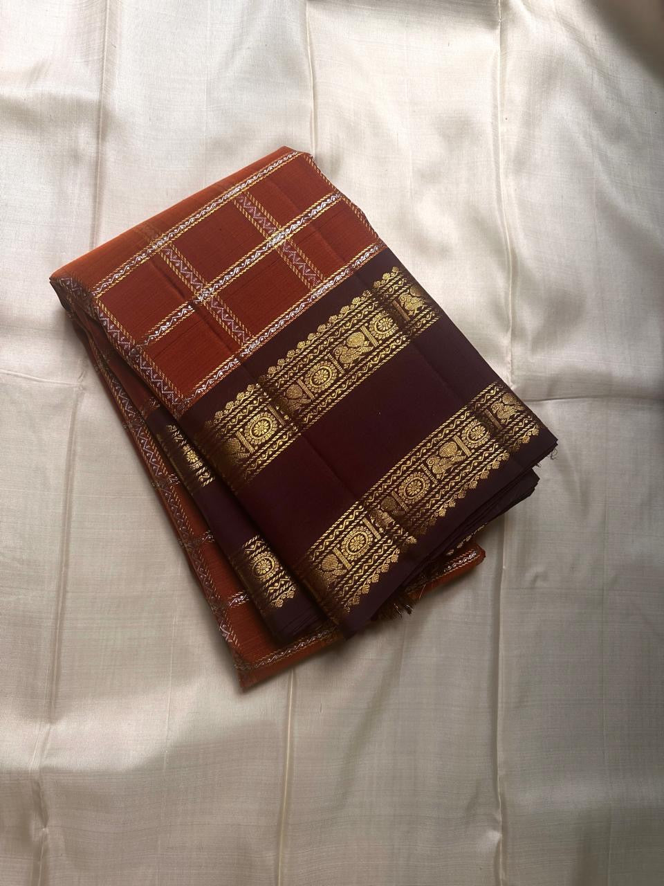Classic Dark Orange Mustard & Dark Chocolate Kanchipuram Handloom Silk Saree SS26093