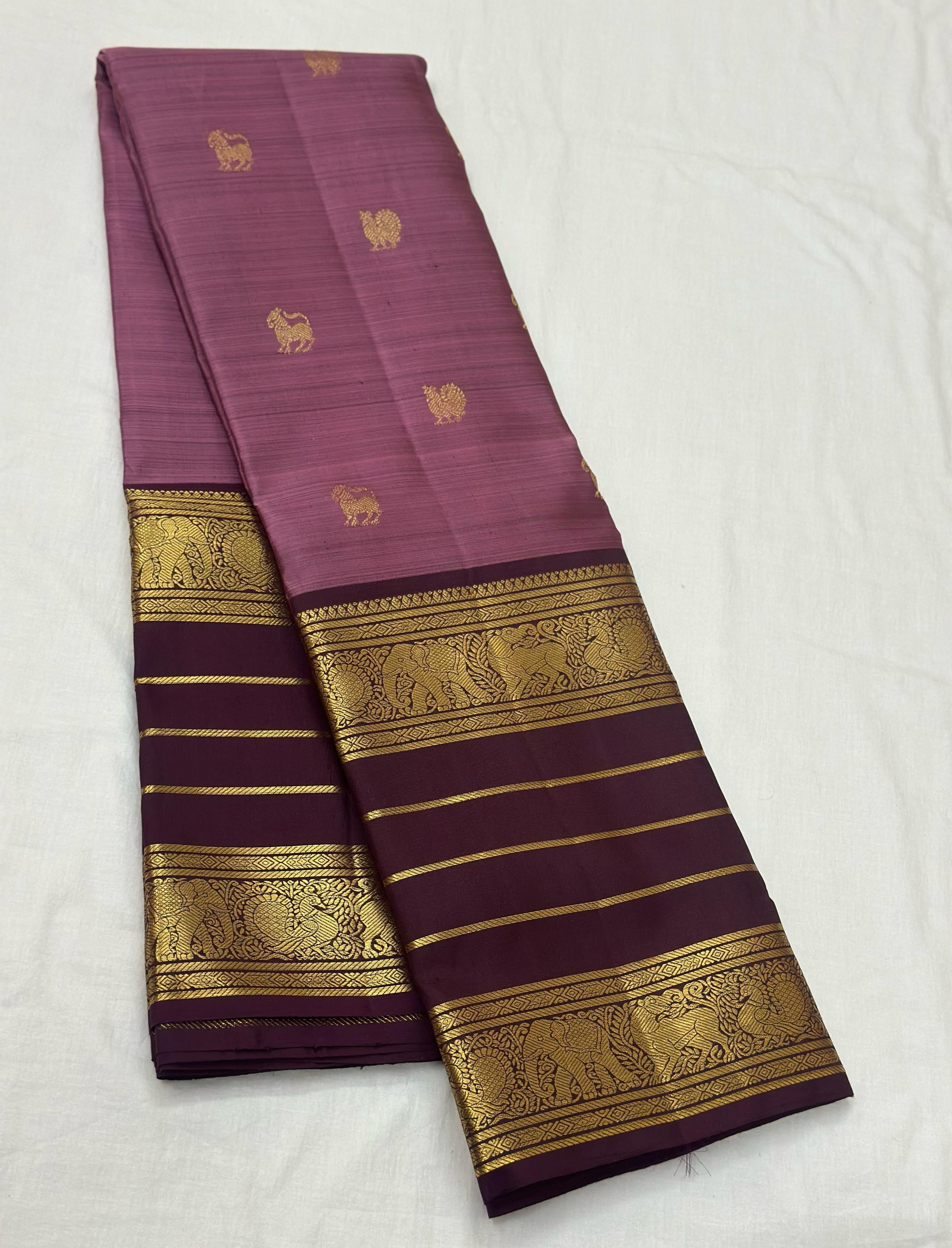 Classic Creamy Pink & Chocolate Brown 1gm Zari Elegance Kanchipuram Handloom Silk Saree SS24504