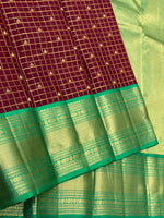 Load image into Gallery viewer, Classic Burgundy &amp; Sea Green 2gm Zari Beldari Checks Elegance Kanchipuram Handloom Silk Saree SS24609
